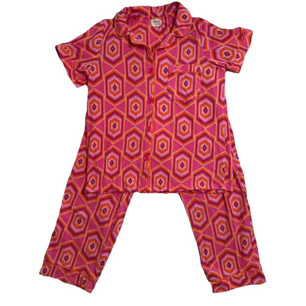 Bedhead X Trina Turk Geometric Luxury Pajamas Short Sleeve Cropped Set Small